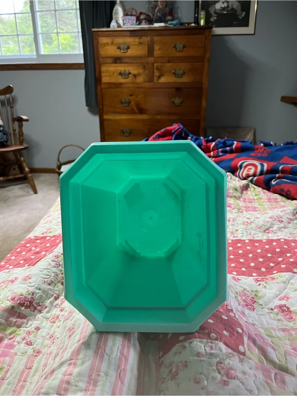 Aqua Plastic Vintage Trash Can with Gold Leaf Accent